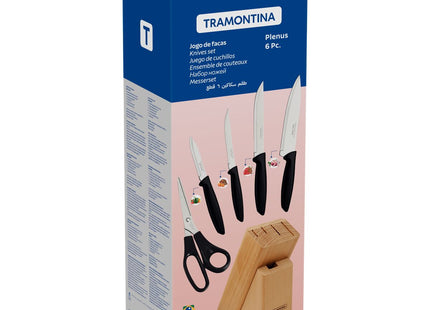 Juego de Cuchillos Tramontina Plenus con Láminas en Acero Inoxidable Mangos de Polipropileno Negro y Soporte de Madera 6 Piezas