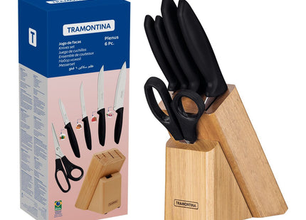 Juego de Cuchillos Tramontina Plenus con Láminas en Acero Inoxidable Mangos de Polipropileno Negro y Soporte de Madera 6 Piezas