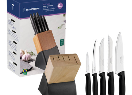 Juego de Cuchillos Tramontina Plenus con Láminas en Acero Inoxidable y Mangos de Polipropileno Negro 06 Piezas