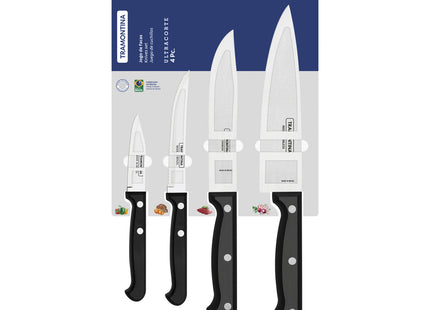 Juego de cuchillos Tramontina Ultracorte con láminas de acero inoxidable y mangos de polipropileno negro, 4 piezas.