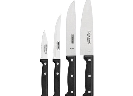 Juego de cuchillos Tramontina Ultracorte con láminas de acero inoxidable y mangos de polipropileno negro, 4 piezas.