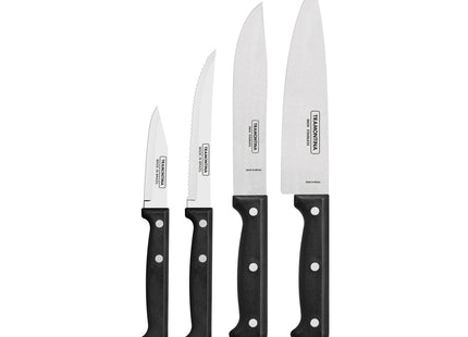 Juego de cuchillos Tramontina Ultracorte con láminas de acero inoxidable y mangos de polipropileno negro, 4 piezas.