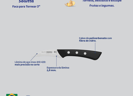 Cuchillo para Redondear Tramontina Solutta con Lámina en Acero Inoxidable y Mango en Policarbonato Negro 3"