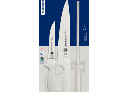Juego de Cuchillos Tramontina Premium con Láminas de Acero Inoxidable y Mangos de Polipropileno Blanco con Chaira 3 Piezas