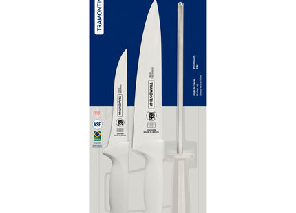 Juego de Cuchillos Tramontina Premium con Láminas de Acero Inoxidable y Mangos de Polipropileno Blanco con Chaira 3 Piezas