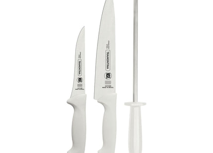 Juego de Cuchillos Tramontina Premium con Láminas de Acero Inoxidable y Mangos de Polipropileno Blanco con Chaira 3 Piezas