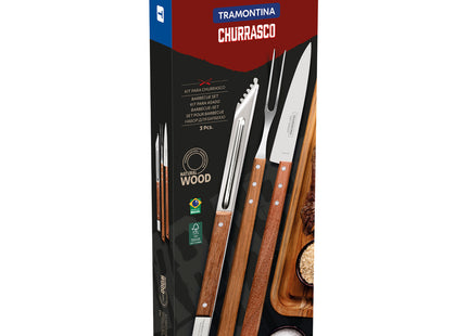 Kit para asado Tramontina de acero inoxidable y madera con pinza, 3 piezas.