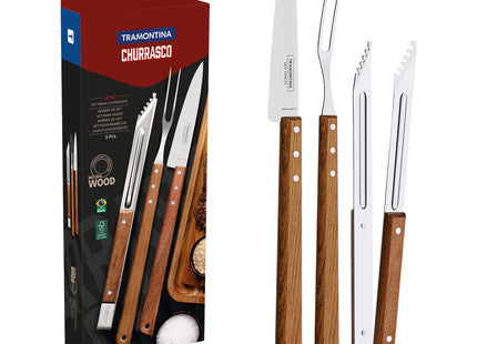 Kit para asado Tramontina de acero inoxidable y madera con pinza, 3 piezas.