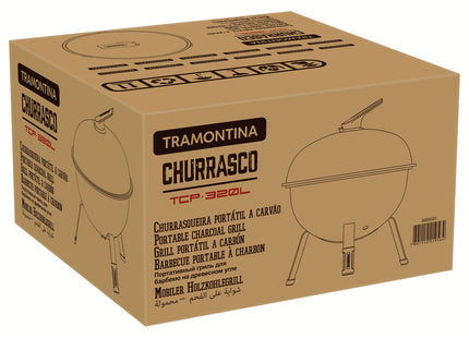 Grill a carbón TCP-320L Tramontina con tapa de acero esmaltado, parrilla y utensilios de acero inoxidable.