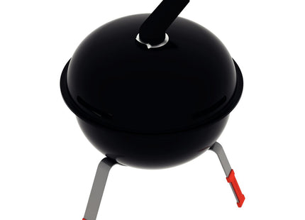 Grill a carbón TCP-320L Tramontina con tapa de acero esmaltado, parrilla y utensilios de acero inoxidable.