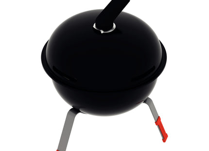 Grill a carbón TCP-320L Tramontina con tapa de acero esmaltado, parrilla y utensilios de acero inoxidable.