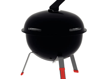 Grill a carbón TCP-320L Tramontina con tapa de acero esmaltado, parrilla y utensilios de acero inoxidable.