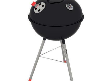 Grill a carbón TCP-450L Tramontina con tapa con termómetro de acero esmaltado, parrilla y utensilios de acero inoxidable.