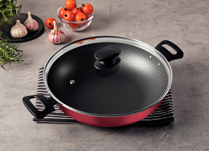 Wok Tramontina Loreto en Aluminio con Revestimiento Interno Antiadherente Starflon Max con Tapa de Vidrio Rojo 28 cm 3.3 L
