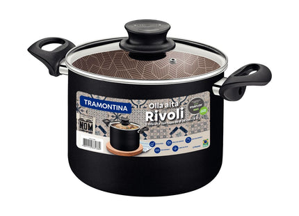 Olla Alta Tramontina Rivoli en Aluminio con Revestimiento Interno y Externo Antiadherente Starflon Max Negro con Tapa de Vidrio 26 cm 9.6 L