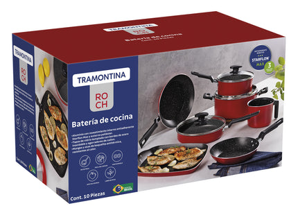 Batería de Cocina Tramontina Roch en Aluminio con Revestimiento Interno Antiadherente Starflon Max y Externo Siliconado Rojo 10 Piezas