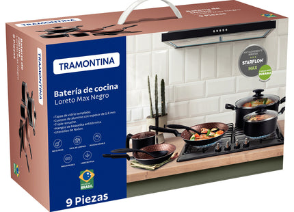 Batería de Cocina Tramontina Loreto en Aluminio con Revestimiento Interno y Externo con Antiadherente Starflon Max Negro 9 Piezas