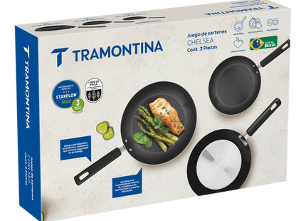 Juego de Sartenes Tramontina Chelsea en Aluminio con Revestimiento Interno Starflon Max y Externo Siliconado Negro 3 Piezas