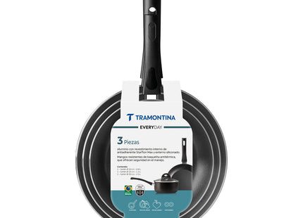 Juego de Sartenes Tramontina Everyday en Aluminio con Revestimiento Interno Starflon Max y Externo Siliconado Negro 3 Piezas