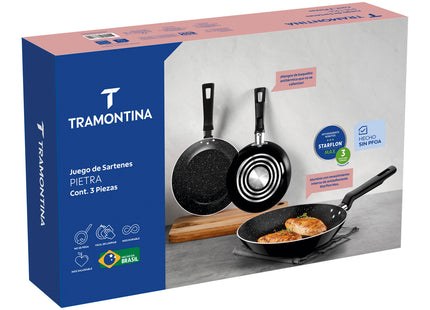 Juego de Sartenes Tramontina Pietra en Aluminio con Revestimiento Interno Starflon Max y Externo Siliconado Negro 3 Piezas
