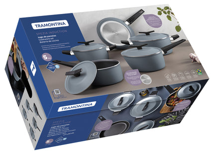 Batería de Cocina Tramontina Spezia Induction en Aluminio con Revestimiento Interno y Externo en Antiadherente Starflon Excellent Azul Ardosia 5 Piezas