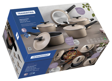 Batería de Cocina Tramontina Spezia Induction en Aluminio con Revestimiento Interno y Externo en Antiadherente Starflon Excellent Arena 5 Piezas