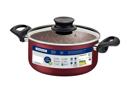 Cacerola Tramontina Paris en Aluminio con Revestimiento Interno y Externo Antiadherente Starflon Max Rojo con Tapa de Vidrio 24 cm 4.9 L