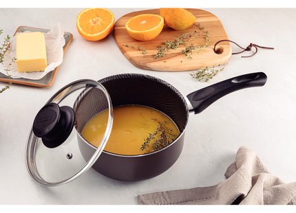 Olla Tramontina Paris en Aluminio con Revestimiento Interno y Externo Antiadherente Starflon Max Plomo con Tapa de Vidrio 18 cm 2.1 L