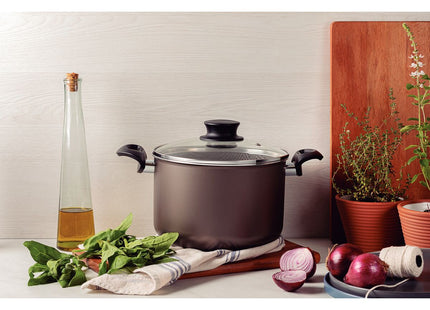 Olla Alta Tramontina Paris en Aluminio con Revestimiento Interno y Externo Antiadherente Starflon Max Plomo con Tapa de Vidrio 24 cm 7.2 L