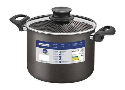 Olla Alta Tramontina Paris en Aluminio con Revestimiento Interno y Externo Antiadherente Starflon Max Plomo con Tapa de Vidrio 24 cm 7.2 L