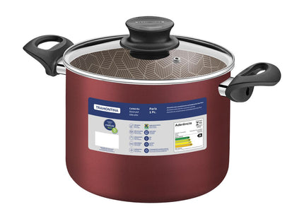 Olla Alta Tramontina Paris en Aluminio con Revestimiento Interno y Externo Antiadherente Starflon Max Rojo con Tapa de Vidrio 24 cm 7.2 L