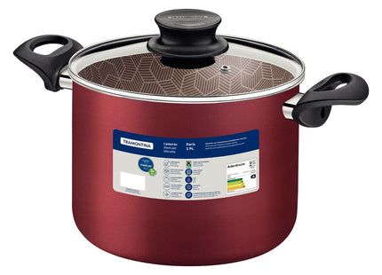 Olla Alta Tramontina Paris en Aluminio con Revestimiento Interno y Externo Antiadherente Starflon Max Rojo con Tapa de Vidrio 28 cm 11.8 L