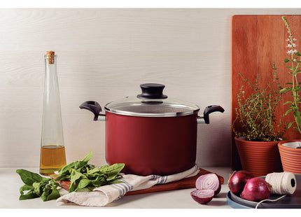 Olla Alta Tramontina Paris en Aluminio con Revestimiento Interno y Externo Antiadherente Starflon Max Rojo con Tapa de Vidrio 28 cm 11.8 L