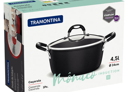 Cacerola Tramontina Mônaco Induction en Aluminio con Revestimiento Interno y Externo Antiadherente Starflon Premium Negro con Tapa Vidrio 24 cm 4.5 L