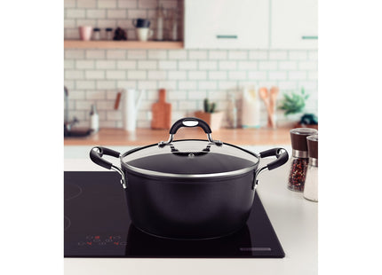 Cacerola Tramontina Mônaco Induction en Aluminio con Revestimiento Interno y Externo Antiadherente Starflon Premium Negro con Tapa Vidrio 24 cm 4.5 L