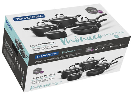 Batería de Cocina Tramontina Mônaco Induction en Aluminio con Revestimiento Interno y Externo Antiadherente Starflon Premium Negro 5 Piezas