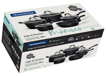 Batería de Cocina Tramontina Mônaco Induction en Aluminio con Revestimiento Interno y Externo Antiadherente Starflon Premium Negro 5 Piezas