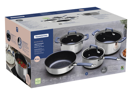 Batería de Cocina Tramontina Romagna en Acero Inoxidable y Aluminio con Revestimiento Interno Cerámico Black Stone 4 Piezas