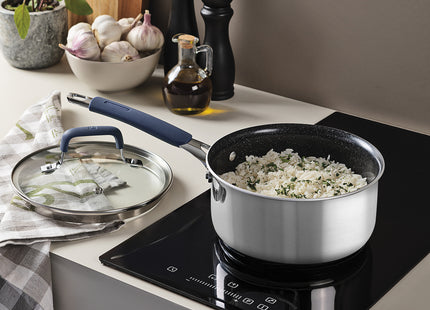 Batería de Cocina Tramontina Romagna en Acero Inoxidable y Aluminio con Revestimiento Interno Cerámico Black Stone 4 Piezas