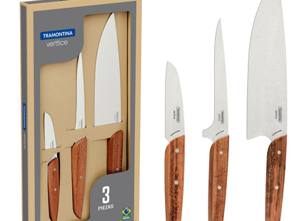 Juego de Cuchillos Tramontina Verttice con Láminas en Acero Inoxidable y Mangos de Madera Natural 03 Piezas
