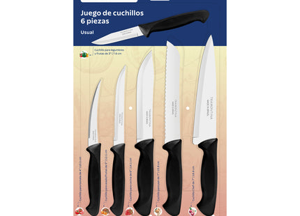 Juego de Cuchillos Tramontina Usual con Láminas en Acero Inoxidable y Mangos de Polipropileno Negro 6 Piezas