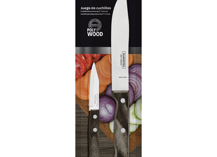 Juego de Cuchillos Tramontina Polywood con Láminas de Acero Inoxidable y Mangos de Madera Tratada Castaño 2 Piezas