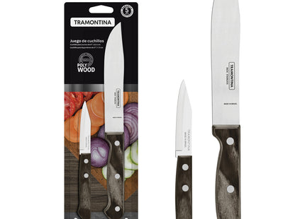 Juego de Cuchillos Tramontina Polywood con Láminas de Acero Inoxidable y Mangos de Madera Tratada Castaño 2 Piezas