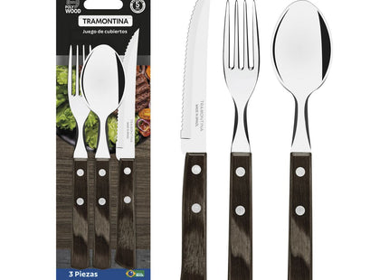 Juego de cubiertos Tramontina Polywood con Láminas de Acero Inoxidable y Mangos de Madera Tratada Castaño 3 Piezas