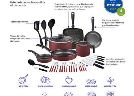 Batería de Cocina Tramontina Práctica 41 Piezas Roja