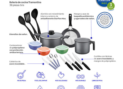 Batería de Cocina Tramontina Práctica 38 Piezas Gris