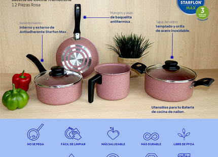 Batería de Cocina Tramontina Práctica 12 Piezas Rosa