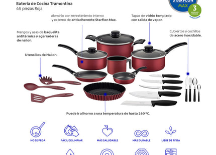 Batería de Cocina Tramontina Práctica 45 Piezas Roja