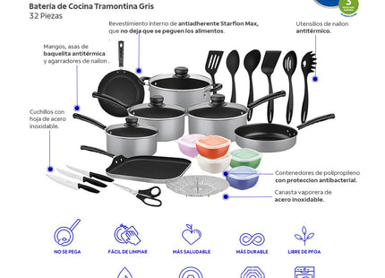 Batería de Cocina Tramontina Resistente 1.6 mm 32 Piezas Gris