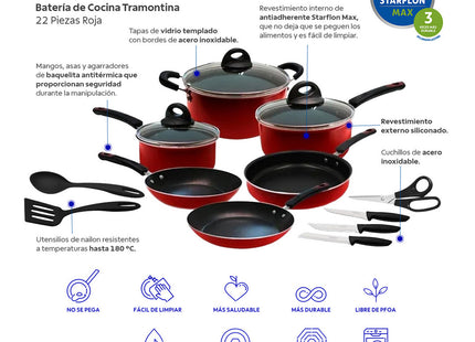 Batería de Cocina Tramontina Aluminio de Alta Gama 22 Piezas Roja